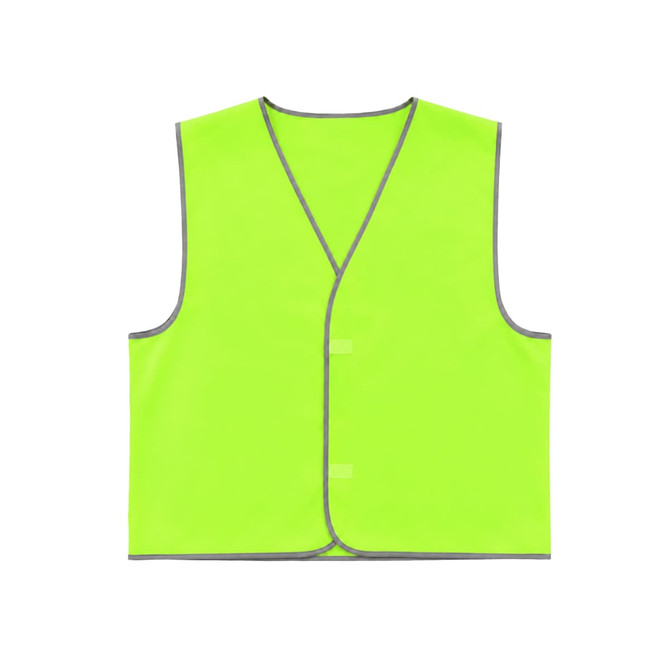 A bright yellow safety vest with reflective trim and a Velcro placket, designed for high visibility.
