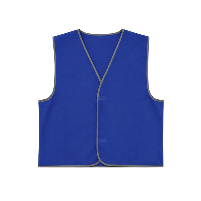 A blue safety vest with reflective trim and a Velcro placket, designed for high visibility.