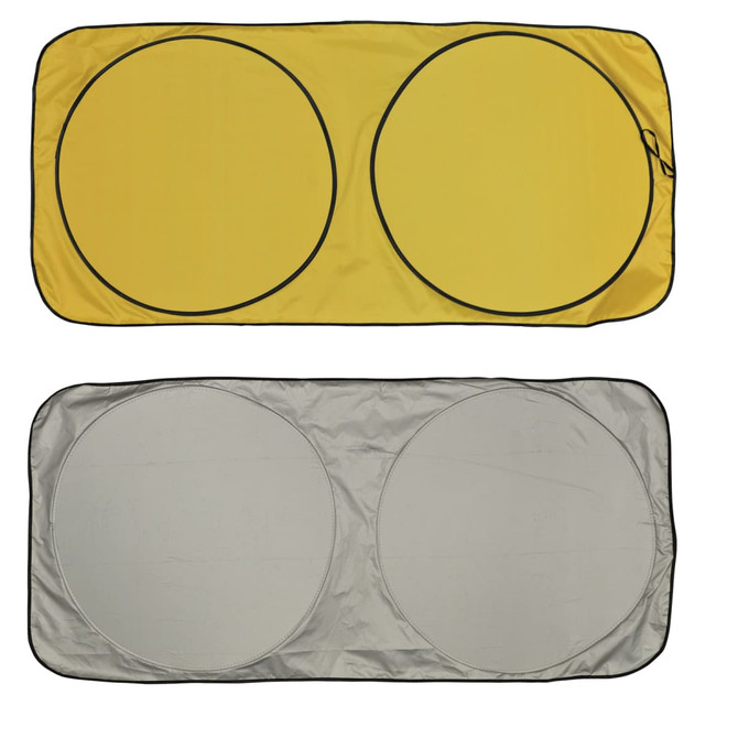 A solar car sun shade featuring a bright yellow side and a reflective silver side, designed with two large circular sections.