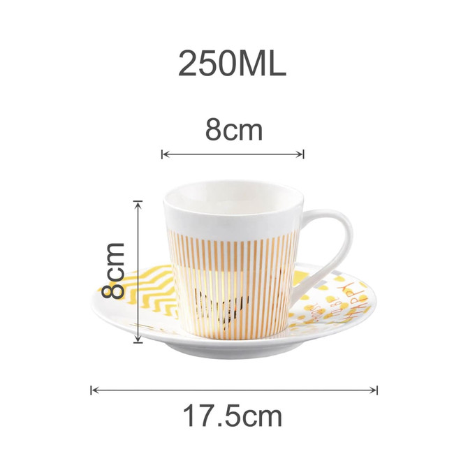 A ceramic coffee mug with a mirror reflection design, featuring yellow and white stripes, plus an accompanying saucer.