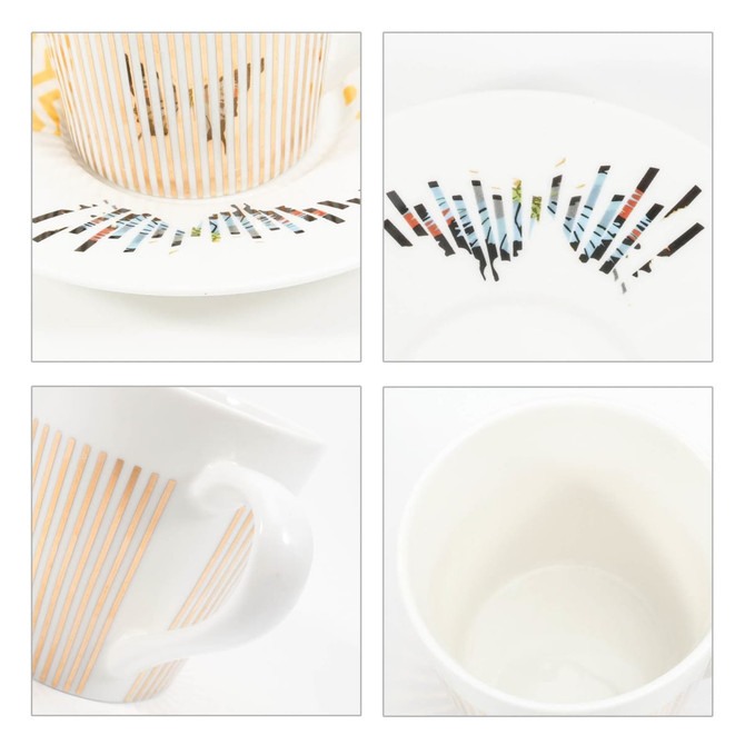 A ceramic coffee mug with a dynamic mirror reflection design, featuring a white and orange striped pattern.