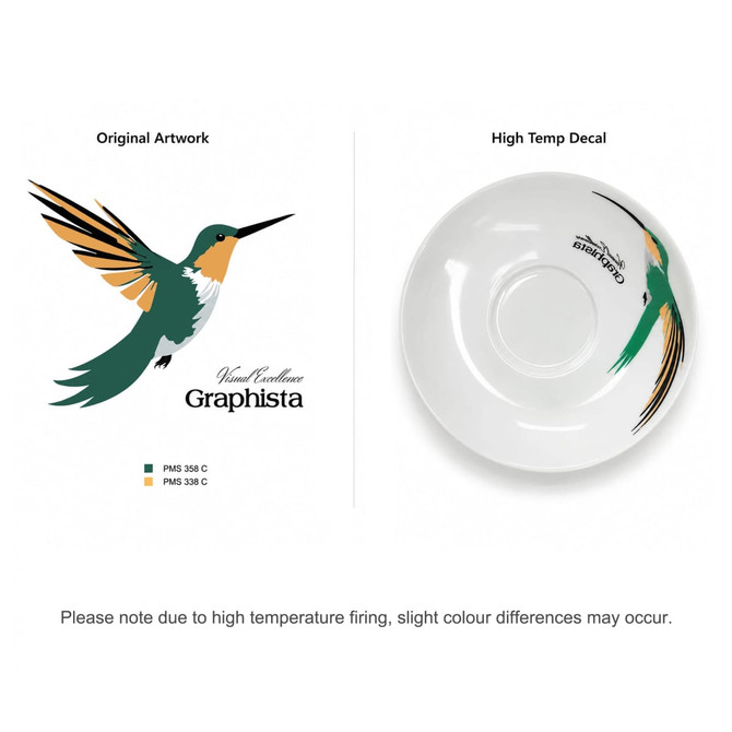 A coffee mug featuring a green and orange hummingbird design with a glossy white finish and a logo on one side.