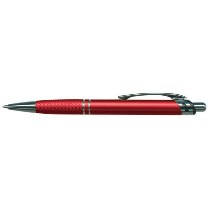 A metal pen in vibrant red with a textured grip and silver accents, featuring a clip and branding.