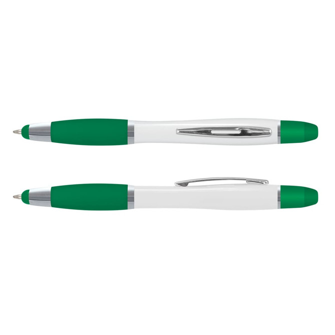 A multi-function pen featuring a green and white design, with a textured grip and a sleek metallic accent.