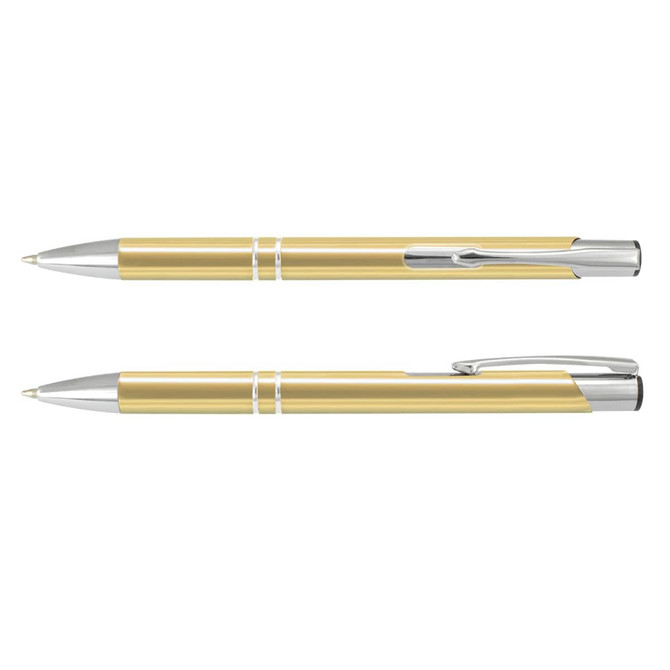 A gold metal pen with silver accents, featuring a clip and a smooth barrel design.
