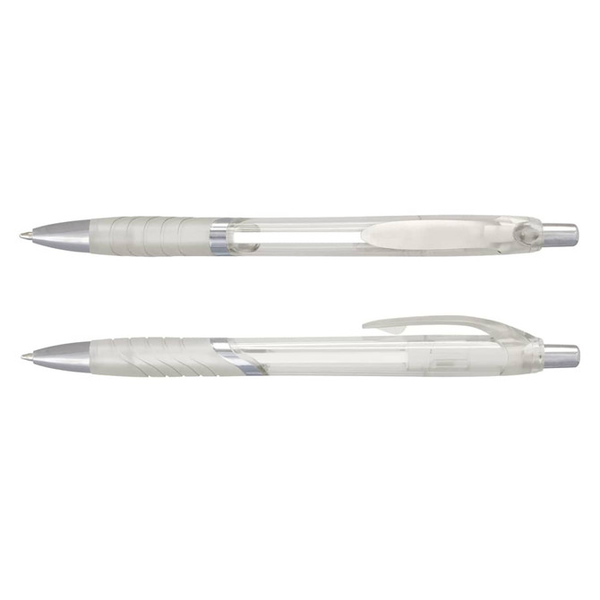 Translucent plastic pens in clear and silver, featuring a textured grip and a clip for convenience.