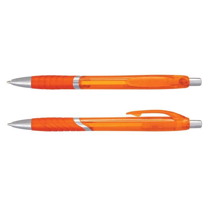 A pair of orange translucent plastic pens with silver accents and grips. One pen features a clip.
