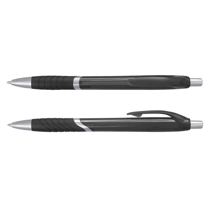 A black translucent plastic pen with silver accents and a textured grip. Features a clip and retractable tip.