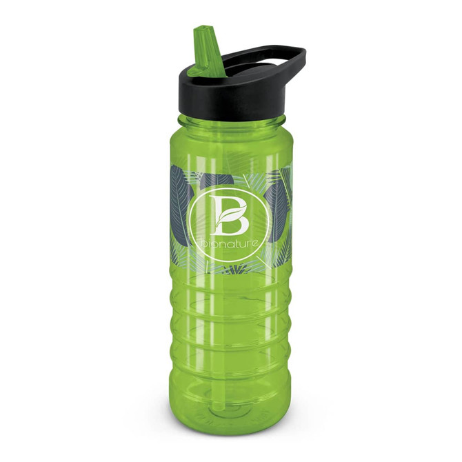A drink bottle with a green body and black lid, featuring a logo and a leaf pattern design.
