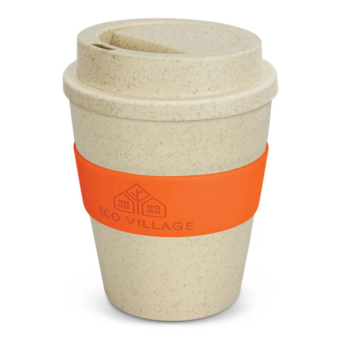 A reusable coffee cup in a natural beige colour with an orange silicone sleeve and a lid, featuring a logo.