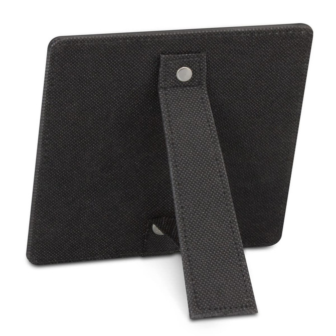 A black display stand with a textured surface and a foldable support arm at the back. It features a small logo.