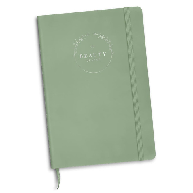 A green foil-printed notebook with a logo and an elastic closure, suitable for office and business use.