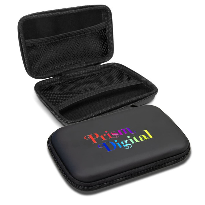 A black carry case with a rainbow holographic print inside, featuring mesh pockets and a zip closure.