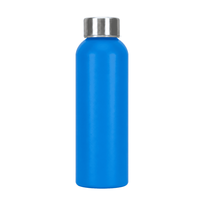 A drink bottle made of recycled aluminium, featuring a bright blue finish and a stainless steel screw-top lid.