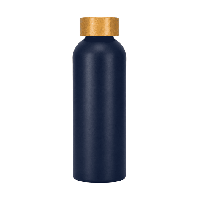A drink bottle made from recycled aluminium in dark navy with a gold cap and a logo.