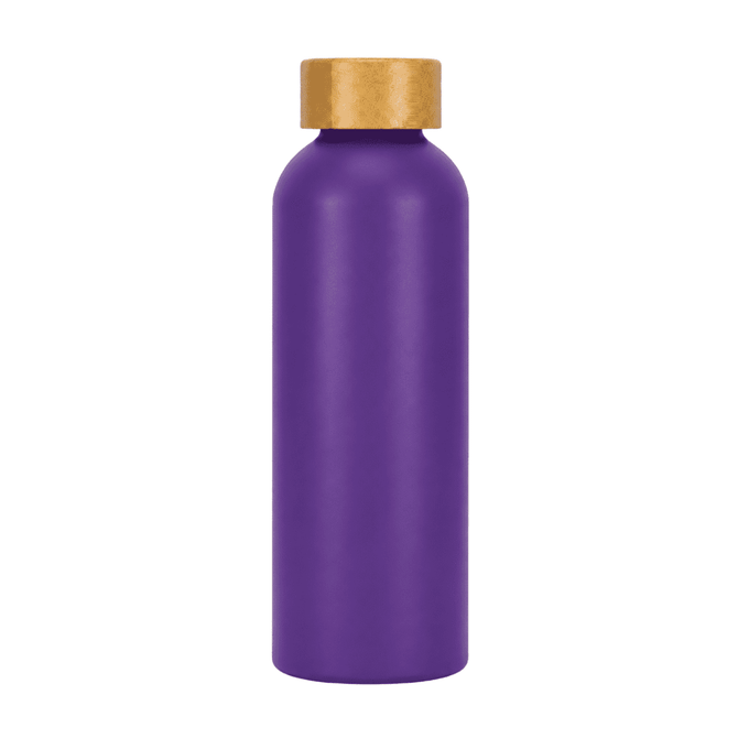 A drink bottle in a vibrant purple colour with a gold cap, featuring a logo on its surface.