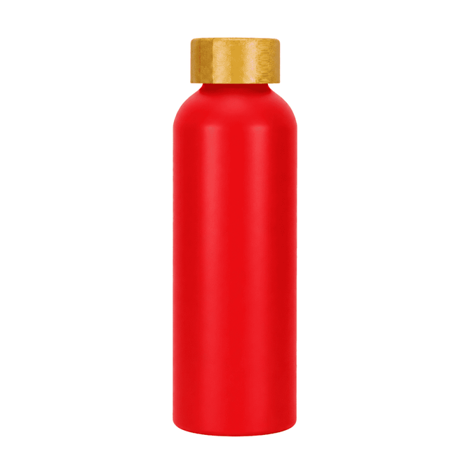 A drink bottle in bright red with a gold cap. Features a logo on the surface.
