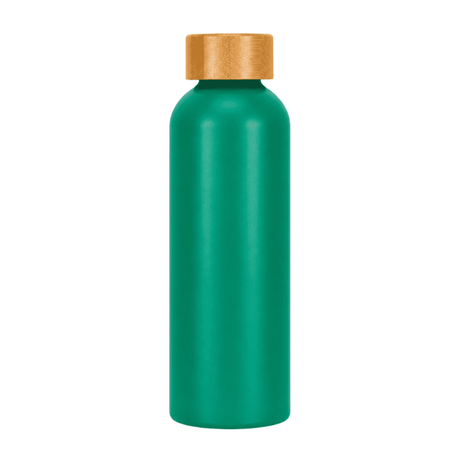 A drink bottle in teal with a wooden cap. The bottle has a sleek, smooth finish and features a logo.