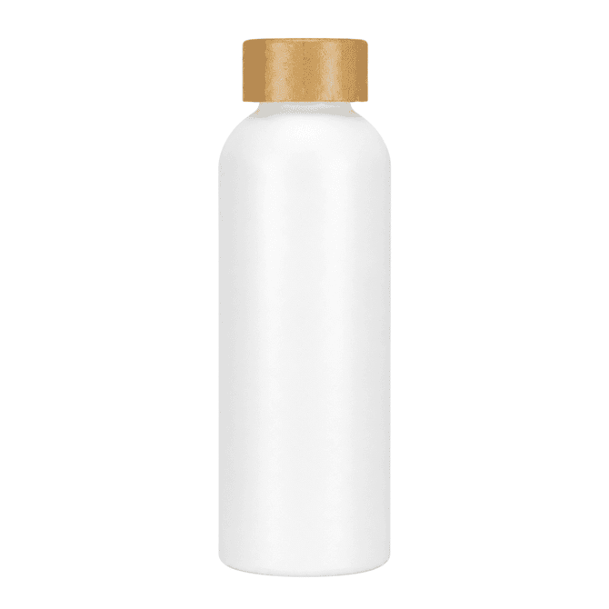 A drink bottle in white aluminium with a natural wooden screw cap and a small logo on the surface.