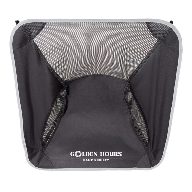 A mesh camping chair in black with a grey trim and a logo at the bottom.