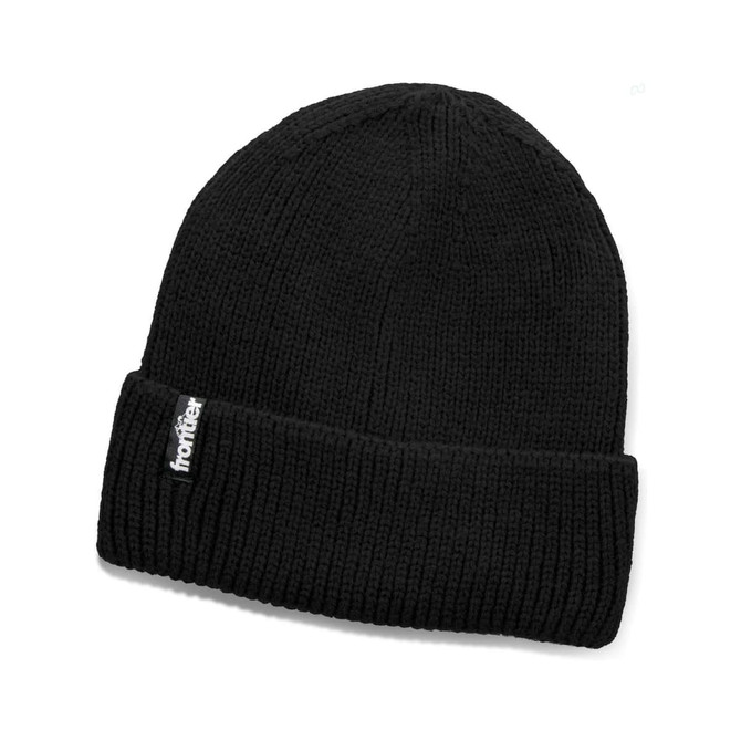 A black beanie with a ribbed texture and a small logo. Suitable for headwear.