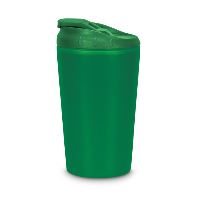 A green coffee cup with a lid and a logo. The cup has a cylindrical shape and smooth surface.