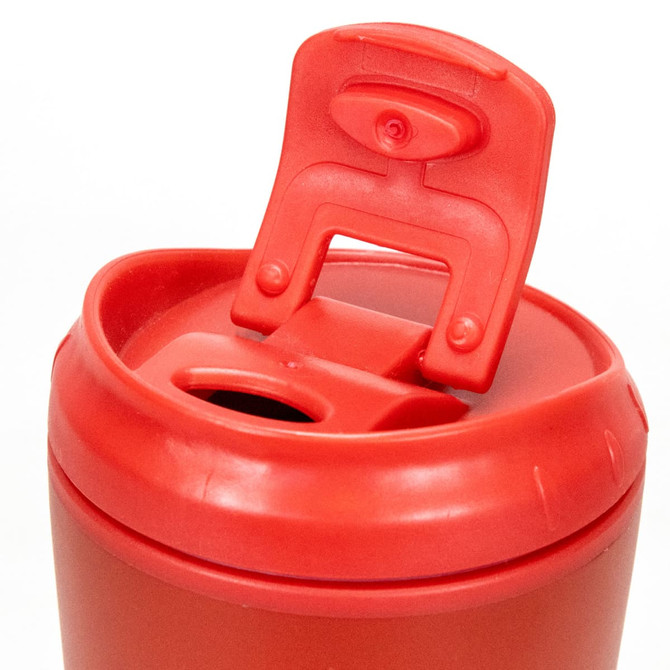 A red coffee cup with a flip-top lid, featuring a tab for easy opening and a logo.
