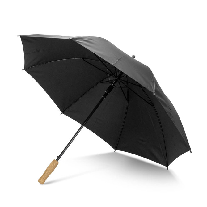 A black umbrella with a cork handle, featuring a sturdy metal frame and a simple design.