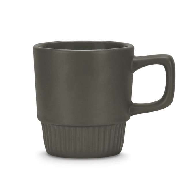 A stackable coffee mug in a matte dark grey finish with a textured base and a sturdy handle.