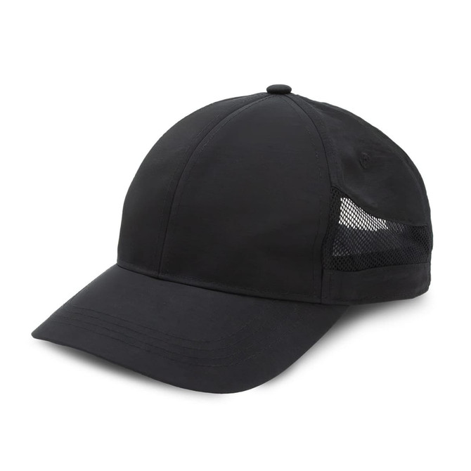 A black sports cap with a breathable mesh panel on the side and a curved brim. It features a logo.