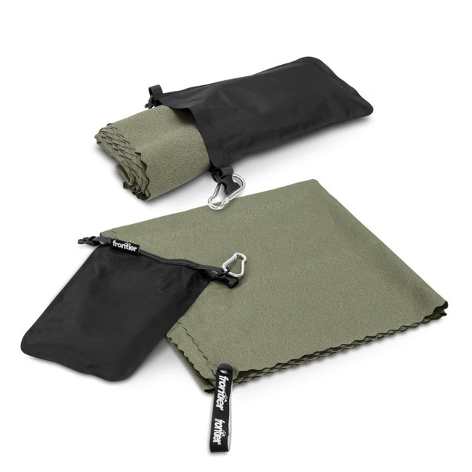 A folded olive green towel with a black carrying pouch and a clip. The towel has a branded logo.