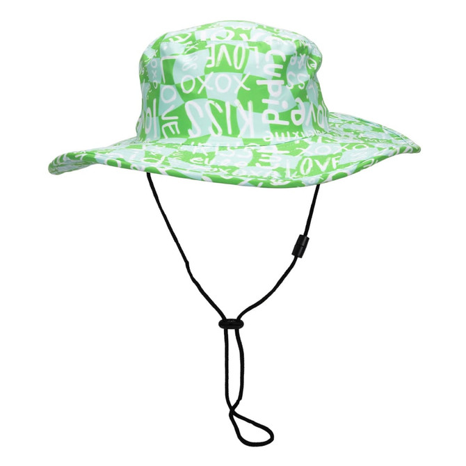 A green wide brim hat with a repeating pattern, featuring a chin strap and a logo.