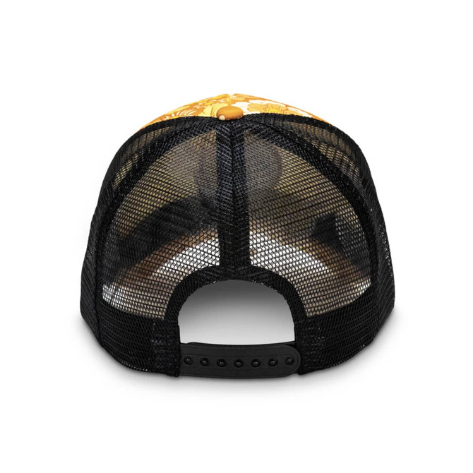 A trucker cap featuring a full colour patch on the front and a black mesh back.