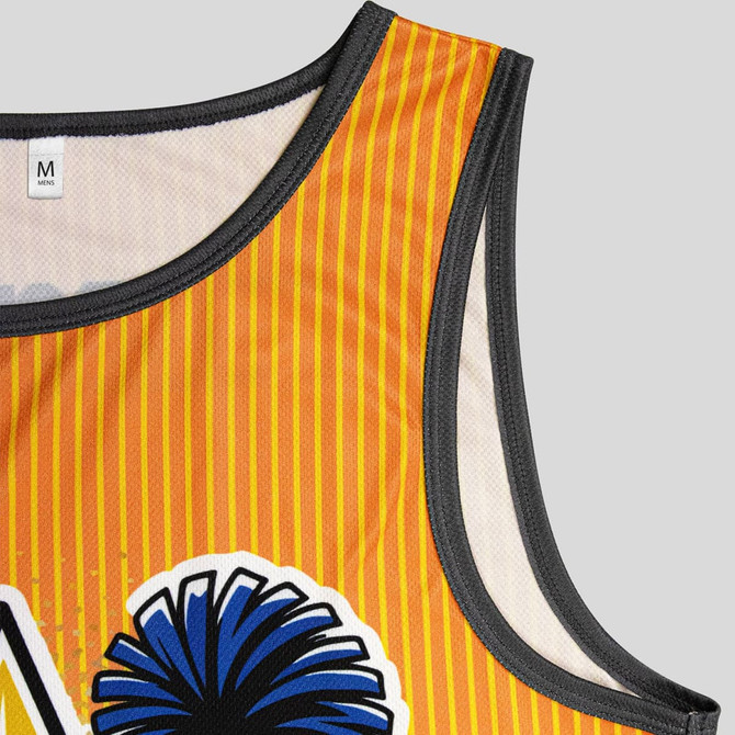 A custom men's active tank top in vibrant orange with a pattern and a logo. Features a grey trim along the neckline.