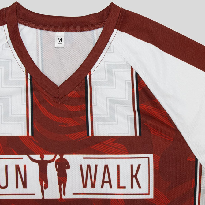 A maroon and white active V-neck T-shirt featuring a logo and dynamic design elements.