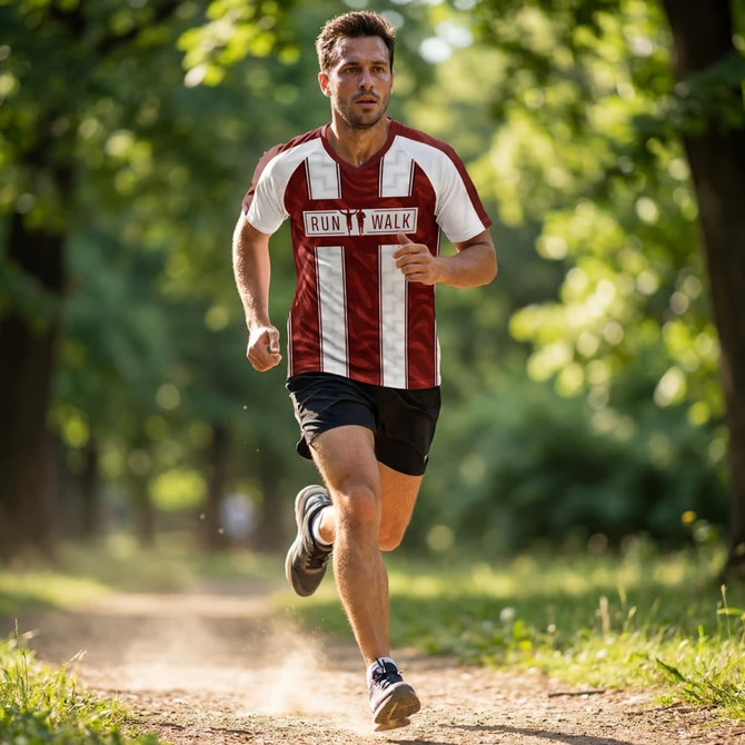 A man running on a path, wearing a red and white custom men's active V-neck T-shirt with a logo.