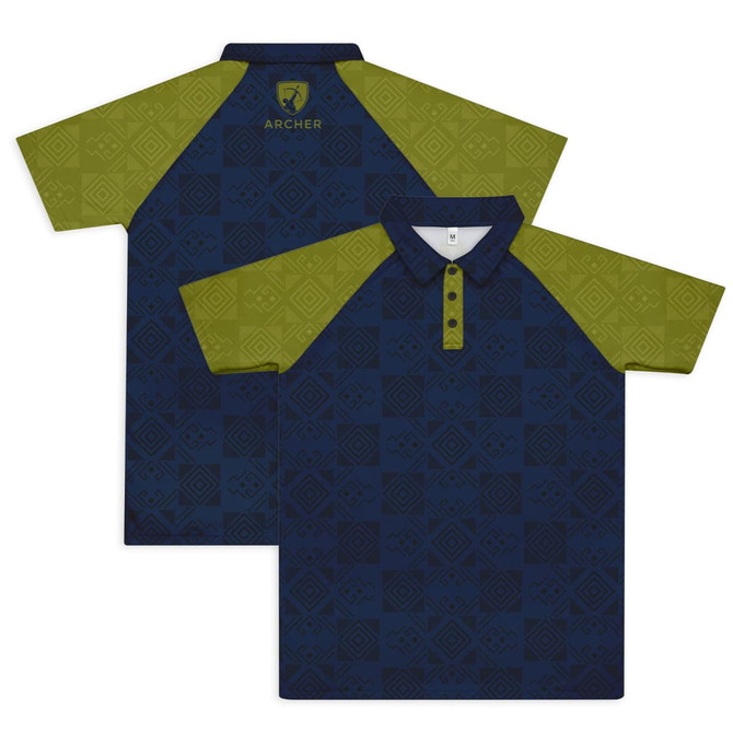 A custom men's active polo featuring a navy base with green patterned sleeves and a collar, including a logo.