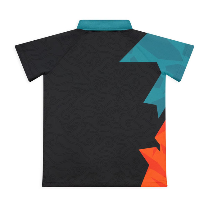 A custom youth active polo with a black body and turquoise and orange geometric accents on one side. It has a collar and short sleeves.