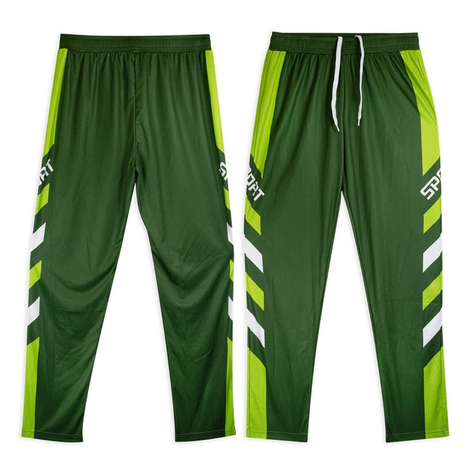 A pair of custom men's active pants in green with white and yellow accents, featuring a logo.