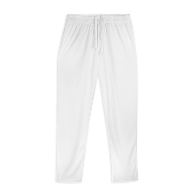 A pair of white men's active pants with an elastic waistband and drawstring, featuring a logo.
