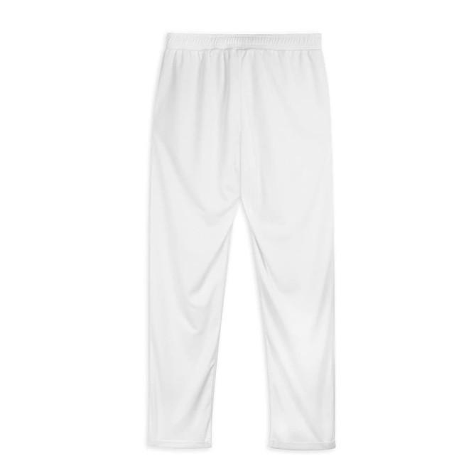 White custom men’s active pants with an elastic waistband, featuring a logo. Ideal for sports or casual wear.