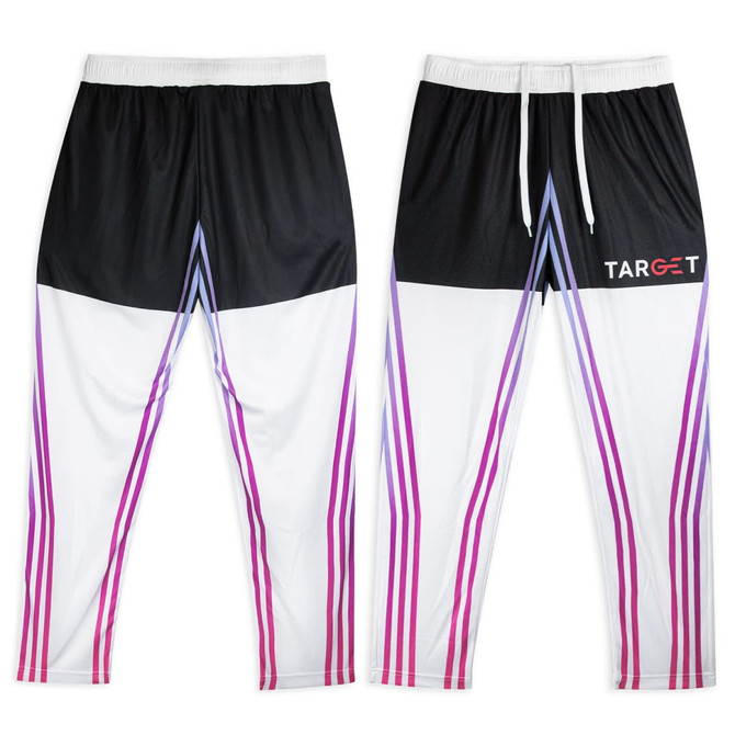 Custom women's active pants in black and white with pink and purple stripes, featuring a logo.