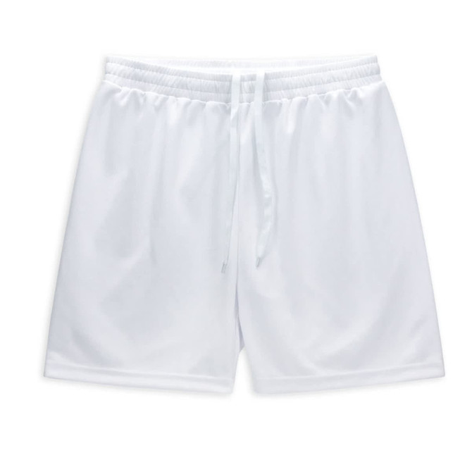 A pair of white men's active shorts with an elastic waistband and drawstring. Features a logo.