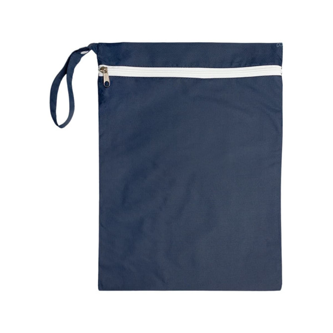 A navy blue fabric bag with a white zip closure and a handle on the side. It has a logo on the front.