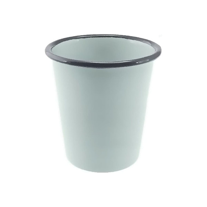 A light green enamel tumbler with a dark rim, 300ml capacity and 9cm height. It features a logo on the surface.