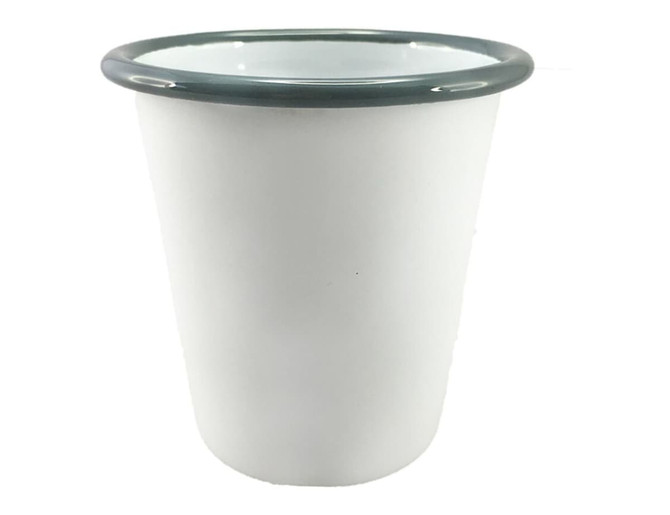 A white enamel tumbler with a dark green rim, featuring a logo on its surface.