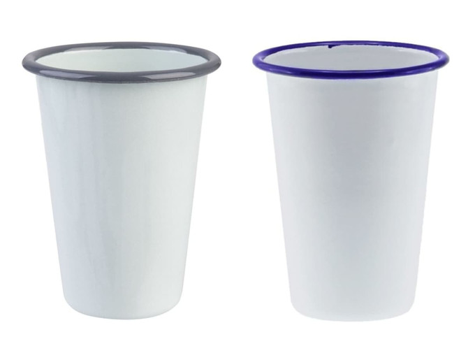 A drink tumbler featuring a white enamel finish with a black and blue rim. Two tumblers displayed side by side.