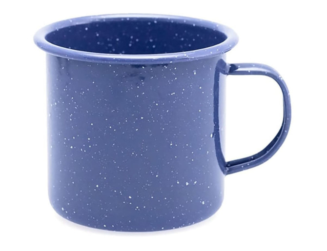 A Falcon Enamel 500ml mug in navy blue with a speckled finish and a sturdy handle, featuring branding.