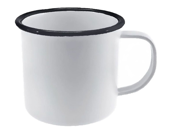 A white enamel mug with a black rim and handle, featuring a simple design and a metallic finish.