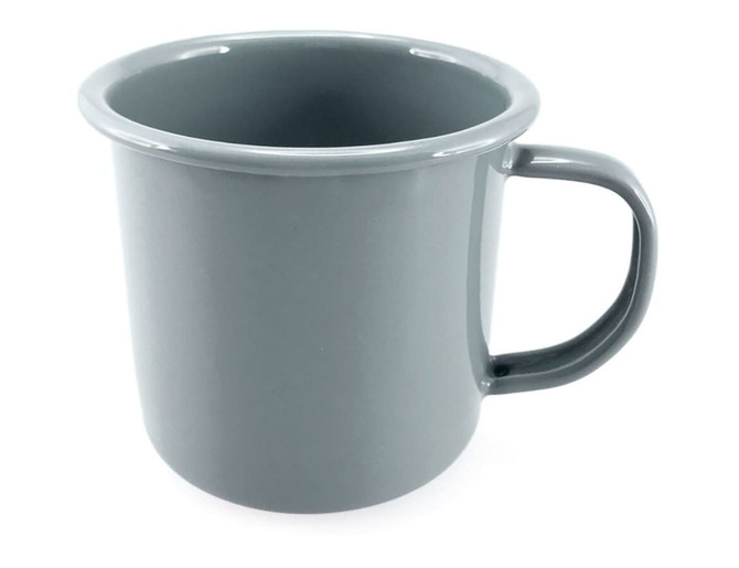 A grey enamel mug with a sturdy handle, measuring 500ml and 9cm in height. It features a logo.